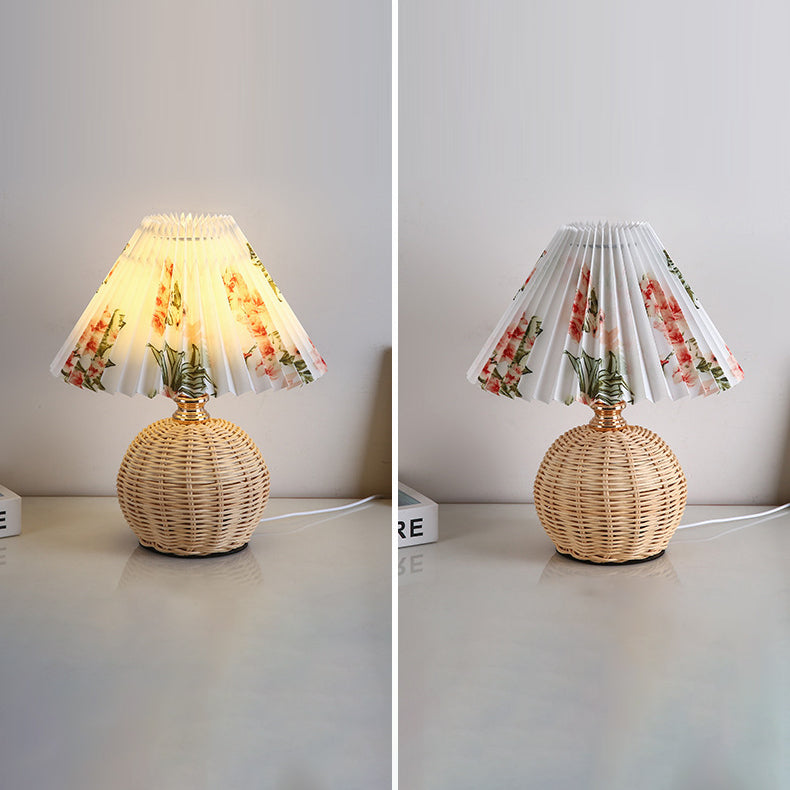 Nordic Rattan Table Lamp with Fabric Shade, USB Powered & Infinitely Dimmable LED Light for Bedroom, Living Room, Study | Thomler