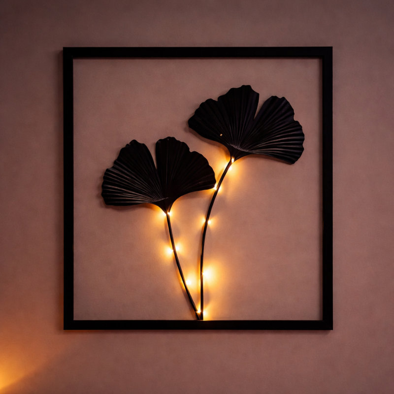 Battery-Powered LED Leaf Frame Light Set for Home Decor 3-Piece Black Metal Botanical Display for Shelves Tables Nightstand Ambiance | Thomler