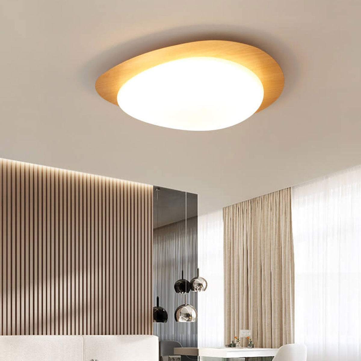 Oval Stone-Textured LED Ceiling Mount Light with Timber Finish for Bedrooms | Modern Hardwired Close-to-Ceiling Fixture for Living Rooms & | Thomler