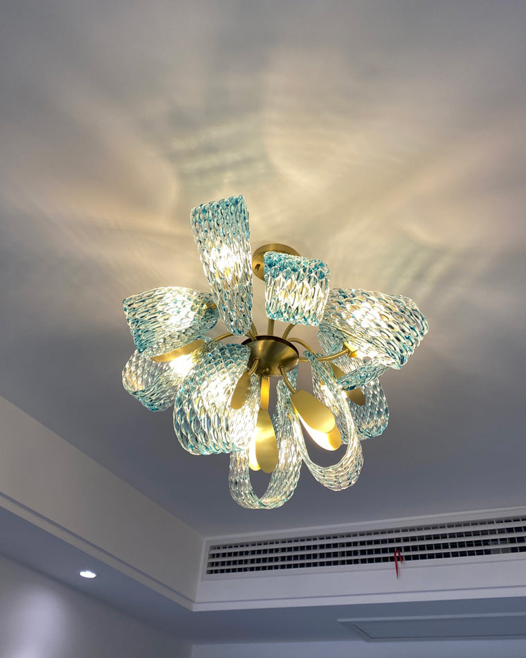 Chandelier Art Glass 19 Lights 95W Blue Peacock Dining Room Living Room Statement Lighting | Thomler