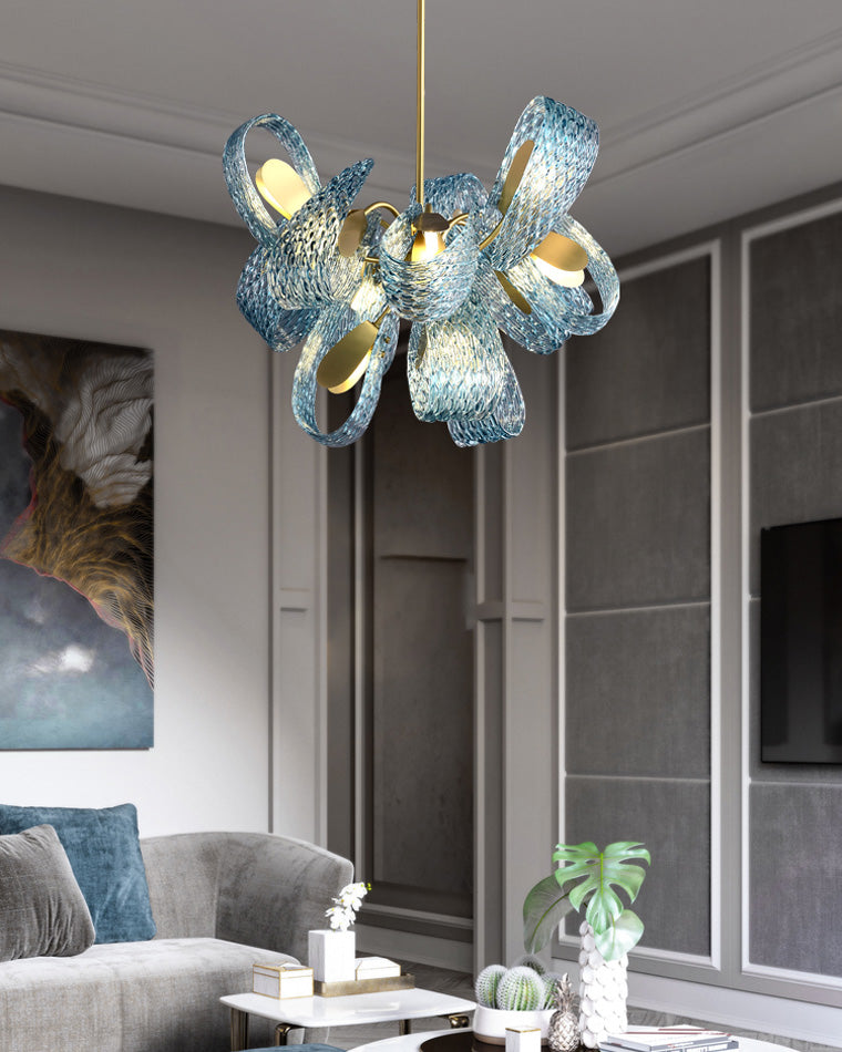 Chandelier Art Glass 19 Lights 95W Blue Peacock Dining Room Living Room Statement Lighting | Thomler