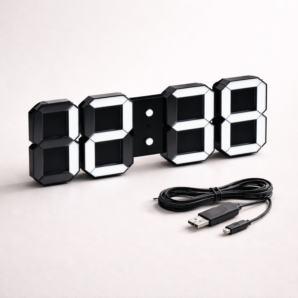Wall Clock Plastic 22.5 cm 3D LED Digital Bedroom Office Display Alarm Timer Freestanding Modern Decor | Thomler