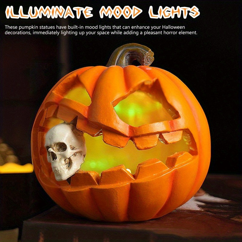 Resin Jack-o'-Lantern Figurine with Skull Insert for Halloween Tabletop Display – Freestanding Seasonal Ornament for Fireplace, Shelf & | Thomler