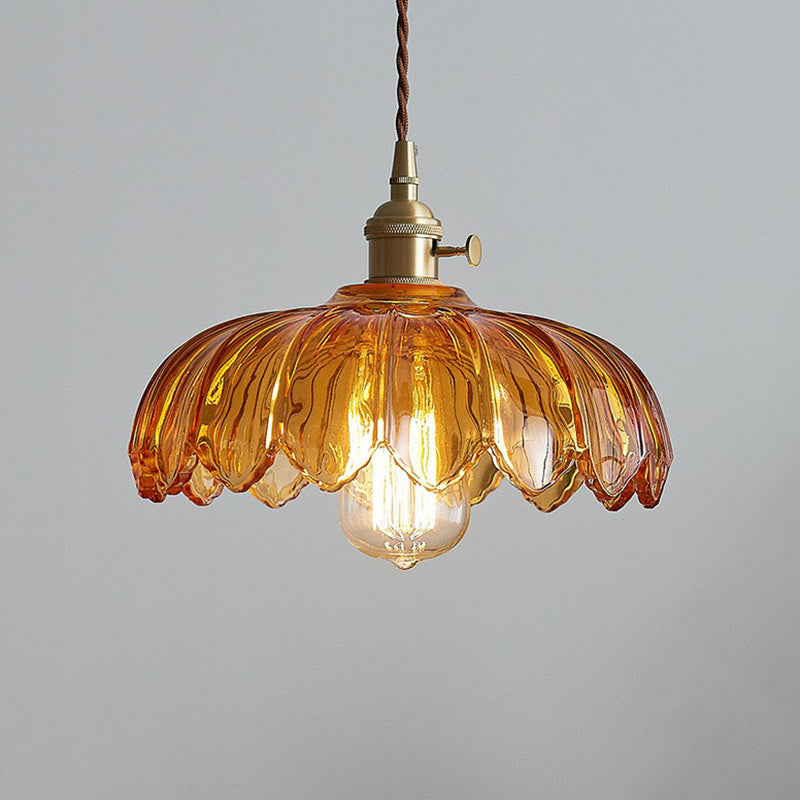 Glass Flower Pendant Light 10 Inch Industrial Hanging Fixture Clear Tan Single Bulb Dining Kitchen Living Room Ceiling Lamp E26 | Thomler