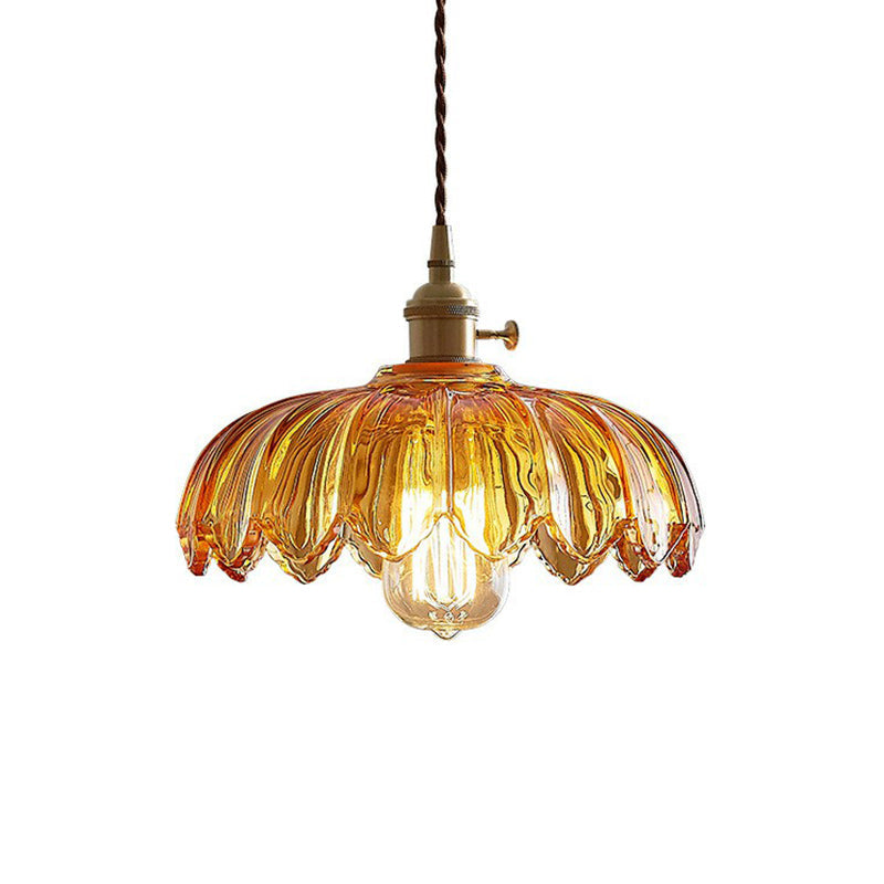 Glass Flower Pendant Light 10 Inch Industrial Hanging Fixture Clear Tan Single Bulb Dining Kitchen Living Room Ceiling Lamp E26 | Thomler