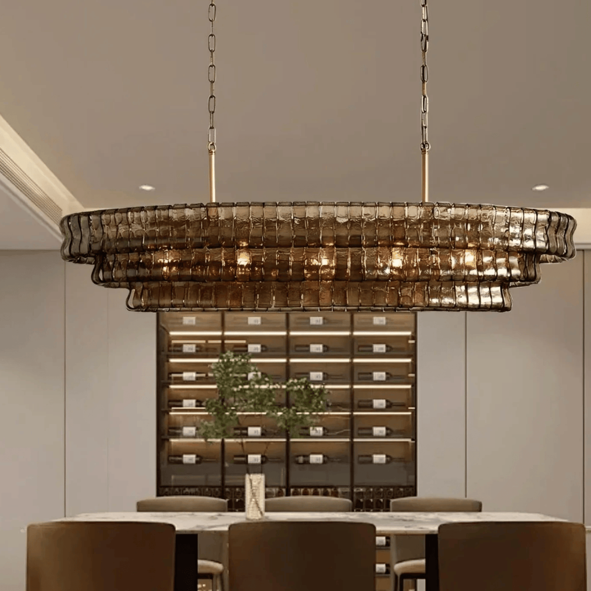 Smoky Gray Glass Linear Chandelier with Gold Hardware – Elongated Fixture for Dining Room & Kitchen Island | Thomler