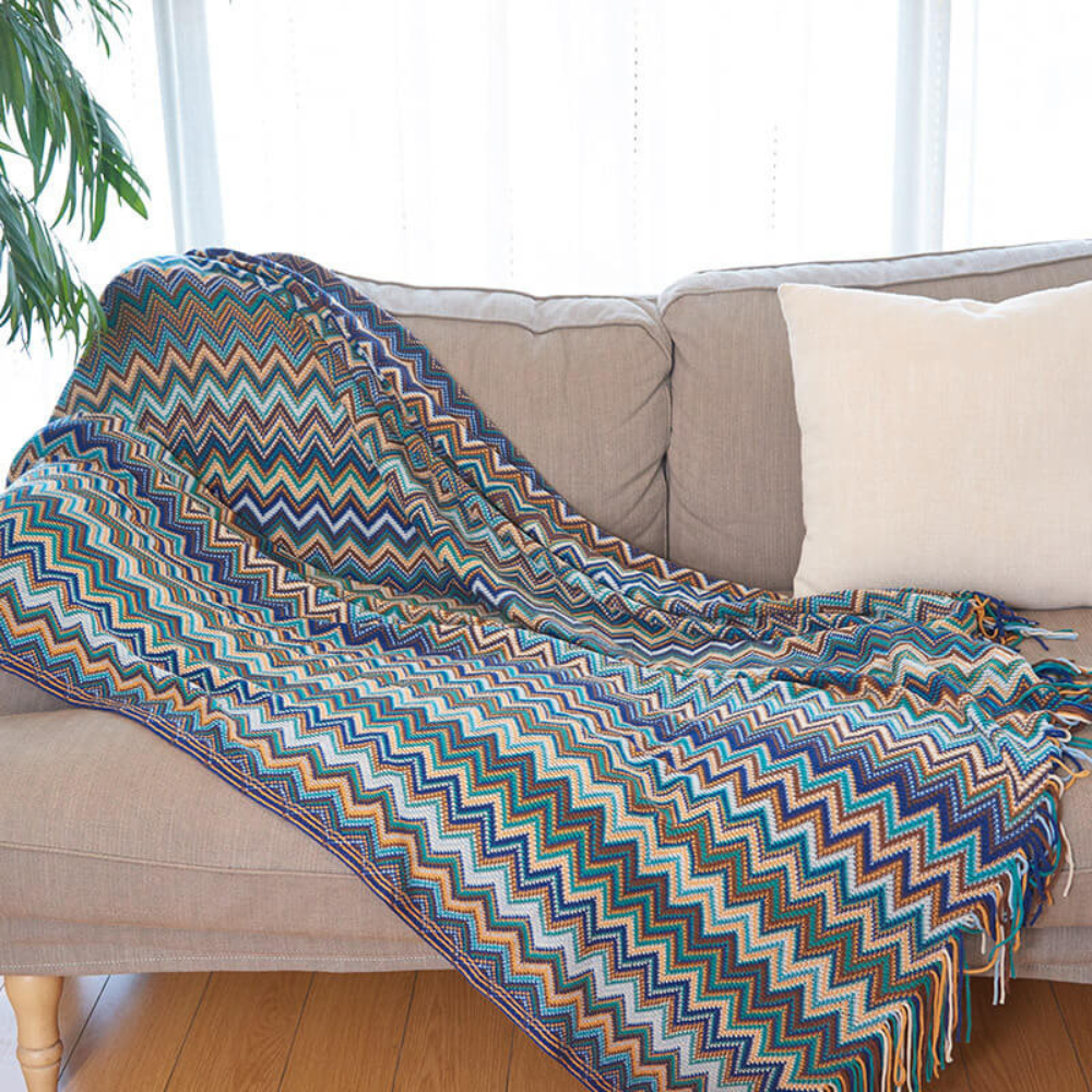 Chevron Knit Throw Blanket with Fringe Trim – Lightweight Acrylic for Year-Round Comfort | Thomler