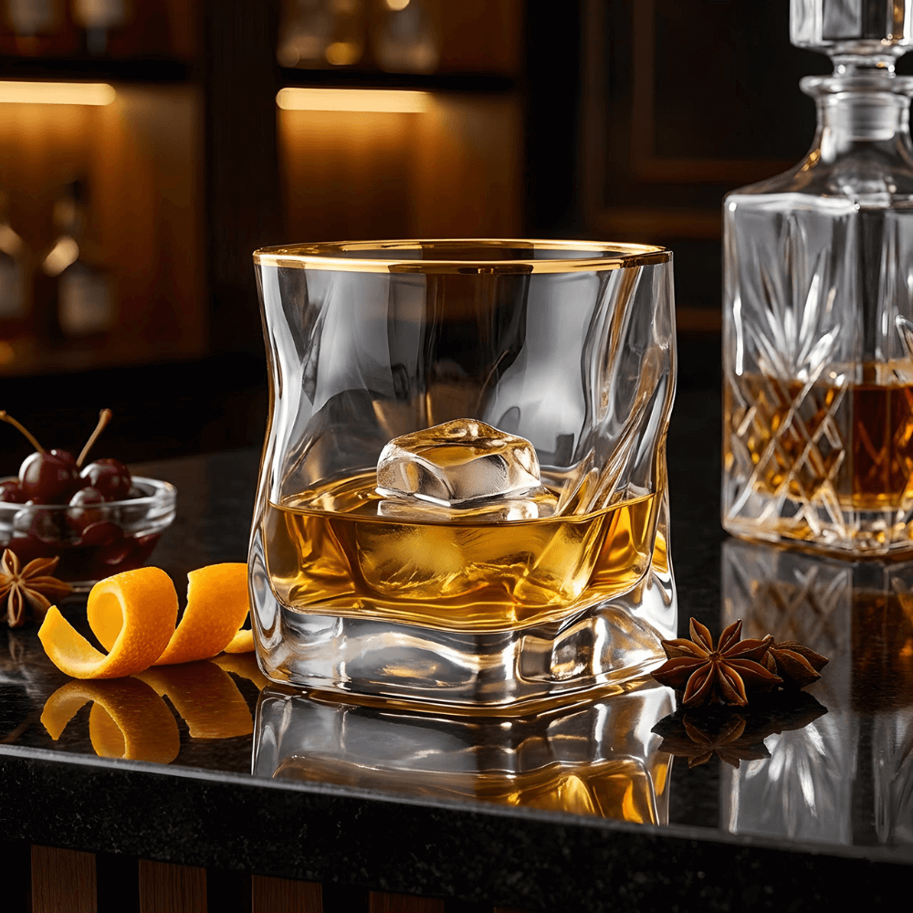 Japanese Textured Whiskey Tumbler with Gold Accents – Crystal Glass for Spirits | Thomler