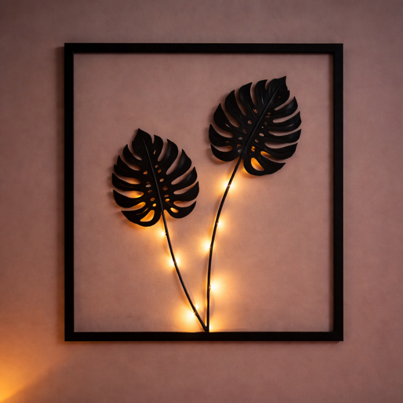 Battery-Powered LED Leaf Frame Light Set for Home Decor 3-Piece Black Metal Botanical Display for Shelves Tables Nightstand Ambiance | Thomler