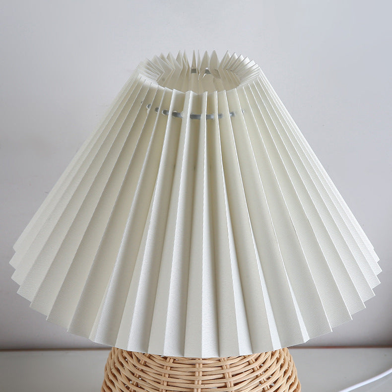 Nordic Rattan Table Lamp with Fabric Shade, USB Powered & Infinitely Dimmable LED Light for Bedroom, Living Room, Study | Thomler