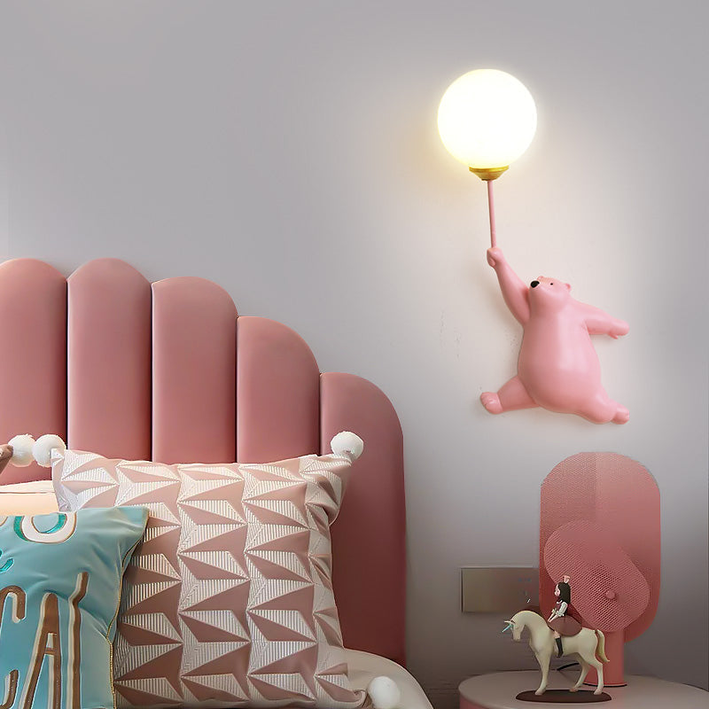 Bear with Balloon Wall Sconce Light for Kids Room Nursery Bedroom Playroom Resin Animal Design Accent Lighting White Blue Pink | Thomler