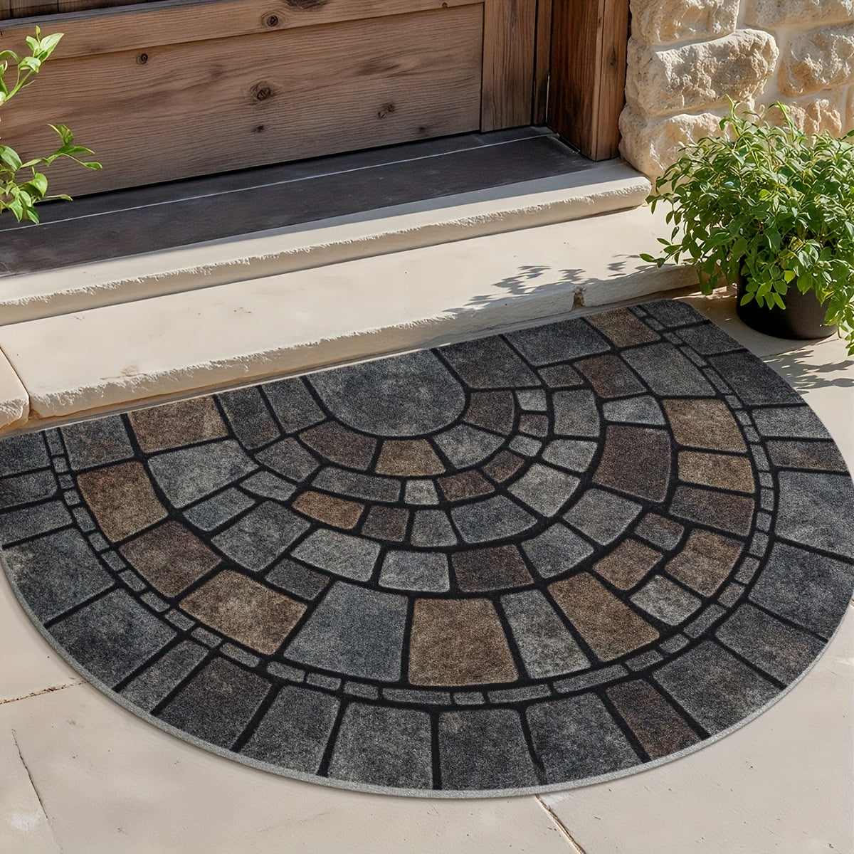 Semicircular Entryway Mat with Cobblestone Pattern for Indoor Outdoor Front Door Patio Garden Non-Slip Polyester Rug | Thomler