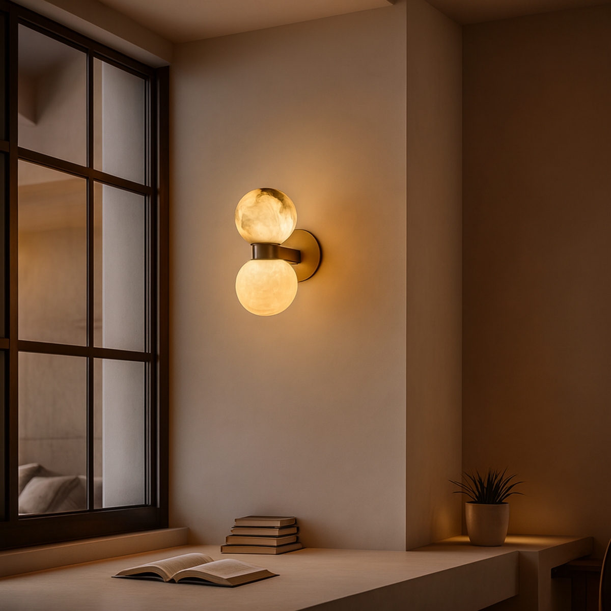 Twin Stone Globe Sconce – Polished Gold Bracket with Natural Marble Shades for Bedroom & Hallway | Thomler
