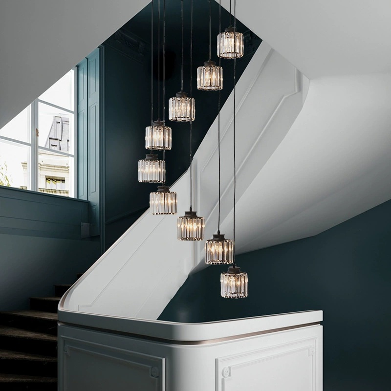 Cascading Faceted Glass Stairwell Fixture – Adjustable Height Multi-Pendant with Iron Canopy for Open Entryways & Two-Story Ceilings | Thomler