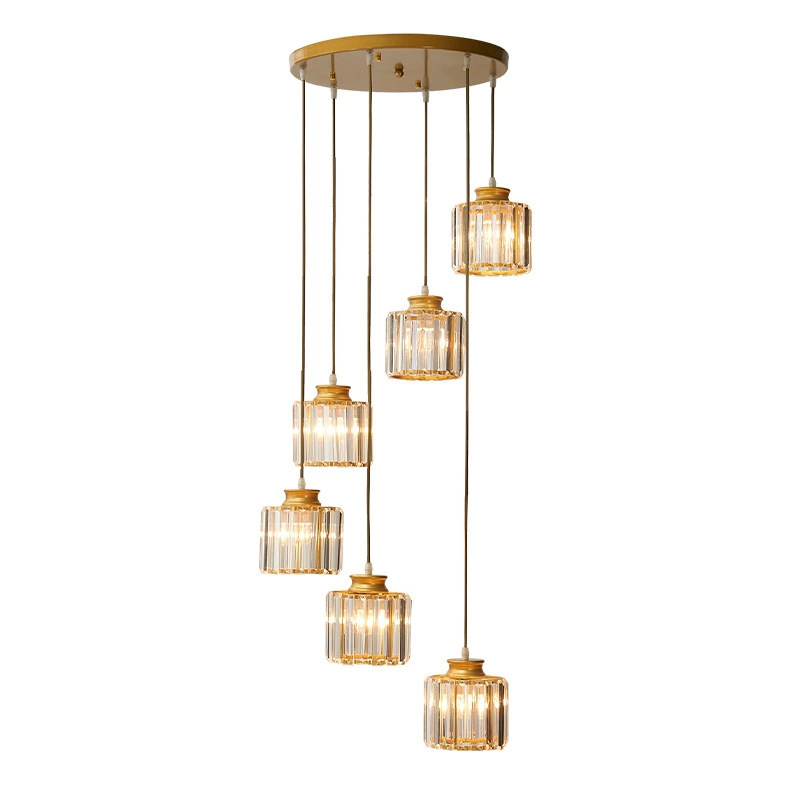 Cascading Faceted Glass Stairwell Fixture – Adjustable Height Multi-Pendant with Iron Canopy for Open Entryways & Two-Story Ceilings | Thomler