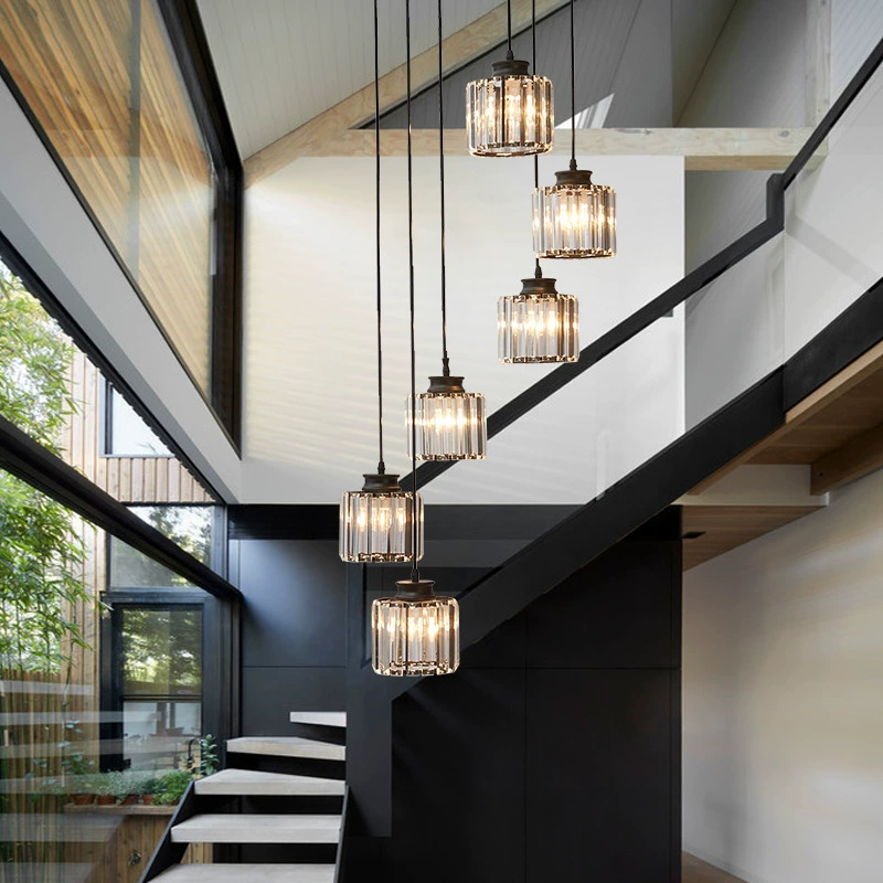Cascading Faceted Glass Stairwell Fixture – Adjustable Height Multi-Pendant with Iron Canopy for Open Entryways & Two-Story Ceilings | Thomler