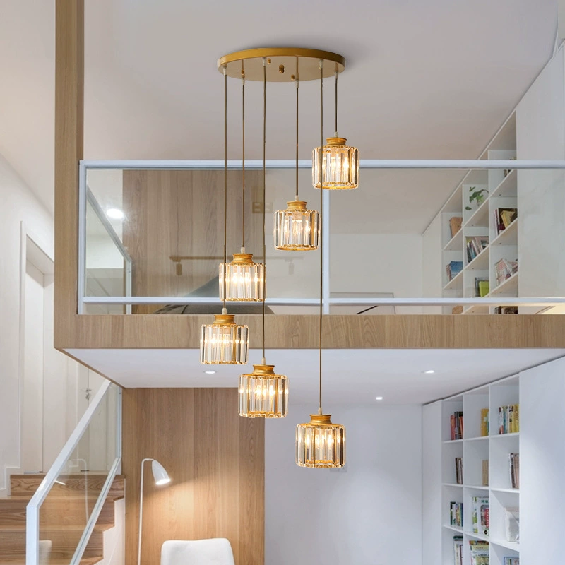 Cascading Faceted Glass Stairwell Fixture – Adjustable Height Multi-Pendant with Iron Canopy for Open Entryways & Two-Story Ceilings | Thomler