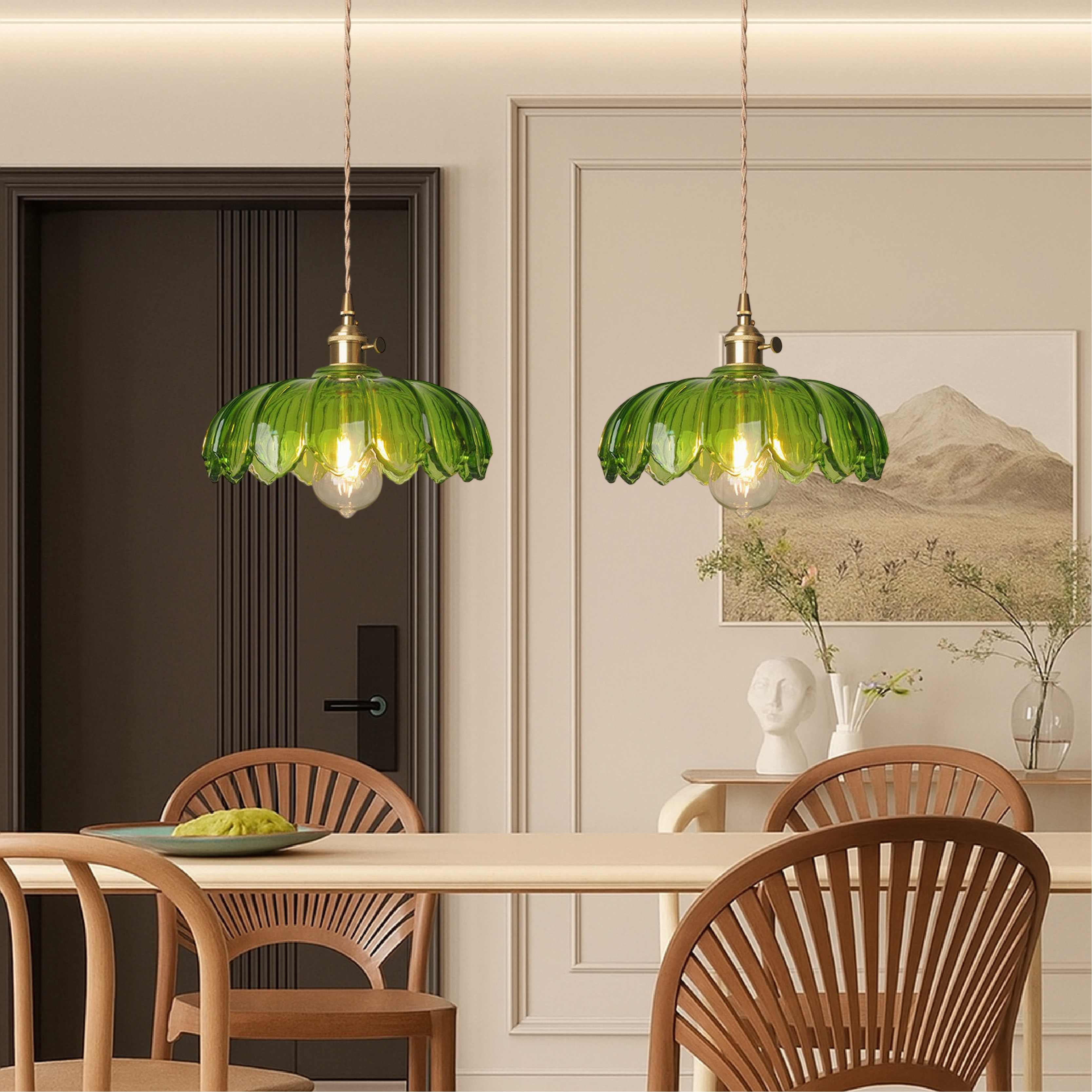 Pendant Light Glass Flower 20.0 cm Green Brass Dining Room Kitchen Island Hanging Ceiling Lamp | Thomler