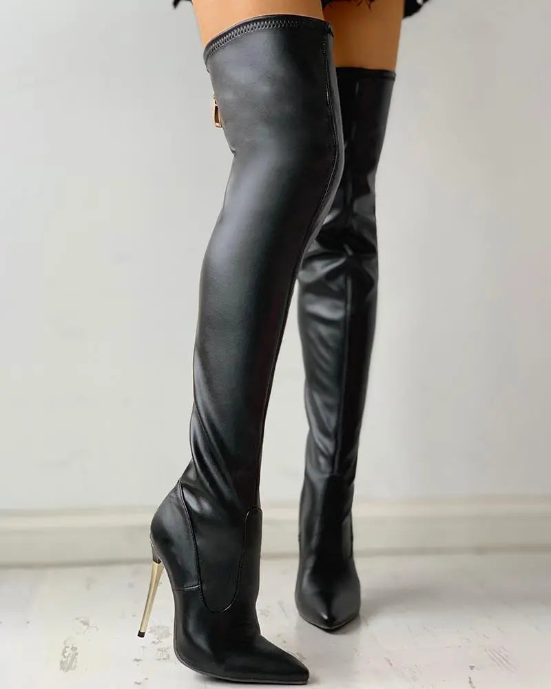 Knee-High Boots with Side Zipper & Slender Heels – Black Faux Leather Women's Dress Boots | Thomler