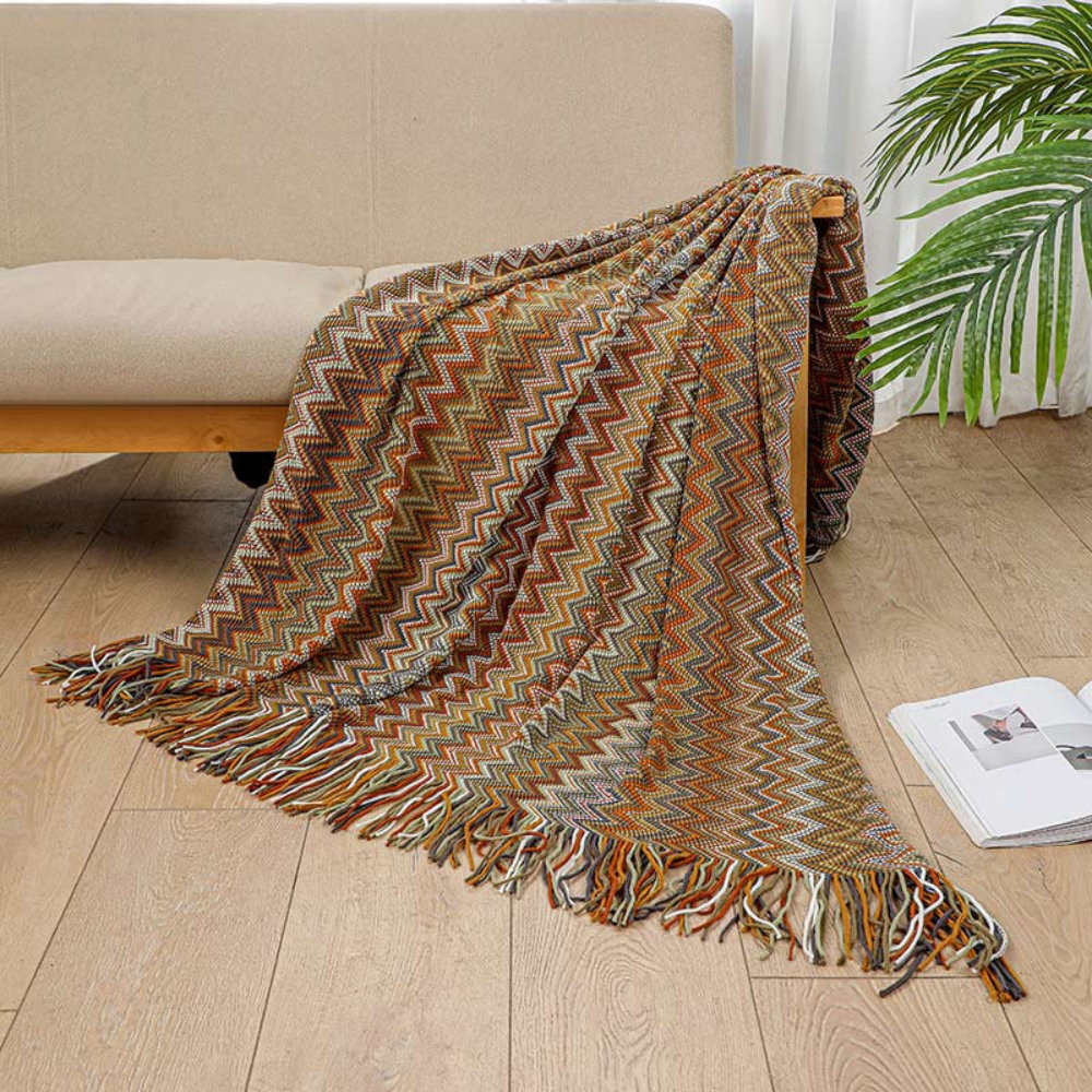 Chevron Knit Throw Blanket with Fringe Trim – Lightweight Acrylic for Year-Round Comfort | Thomler