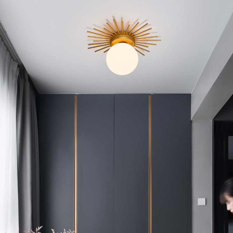 Contemporary Sphere Flush Mount Ceiling Fixture – Gold Metal Frame, Cream Frosted Globe – Low Profile Hallway & Bedroom Lighting for | Thomler