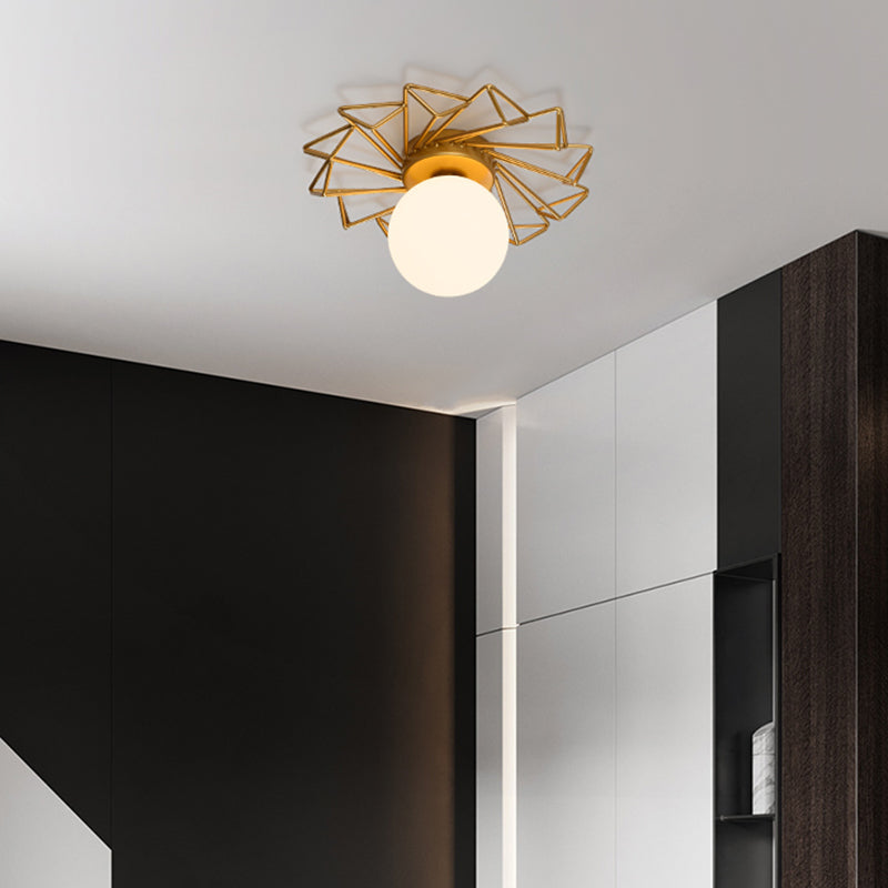Contemporary Sphere Flush Mount Ceiling Fixture – Gold Metal Frame, Cream Frosted Globe – Low Profile Hallway & Bedroom Lighting for | Thomler