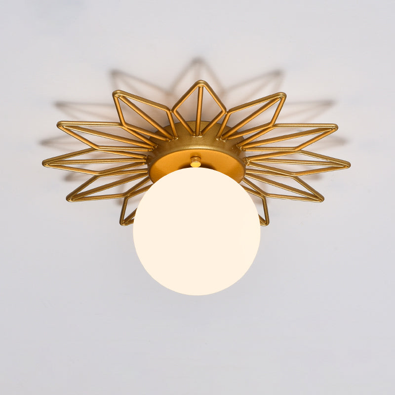 Contemporary Sphere Flush Mount Ceiling Fixture – Gold Metal Frame, Cream Frosted Globe – Low Profile Hallway & Bedroom Lighting for | Thomler