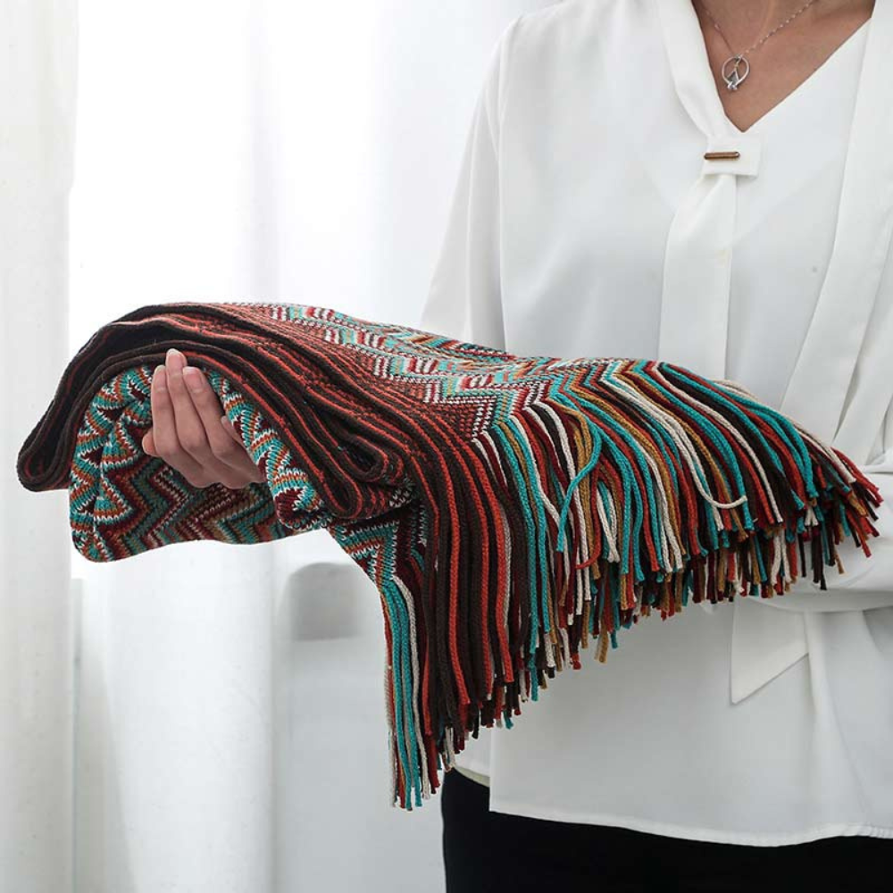 Chevron Knit Throw Blanket with Fringe Trim – Lightweight Acrylic for Year-Round Comfort | Thomler