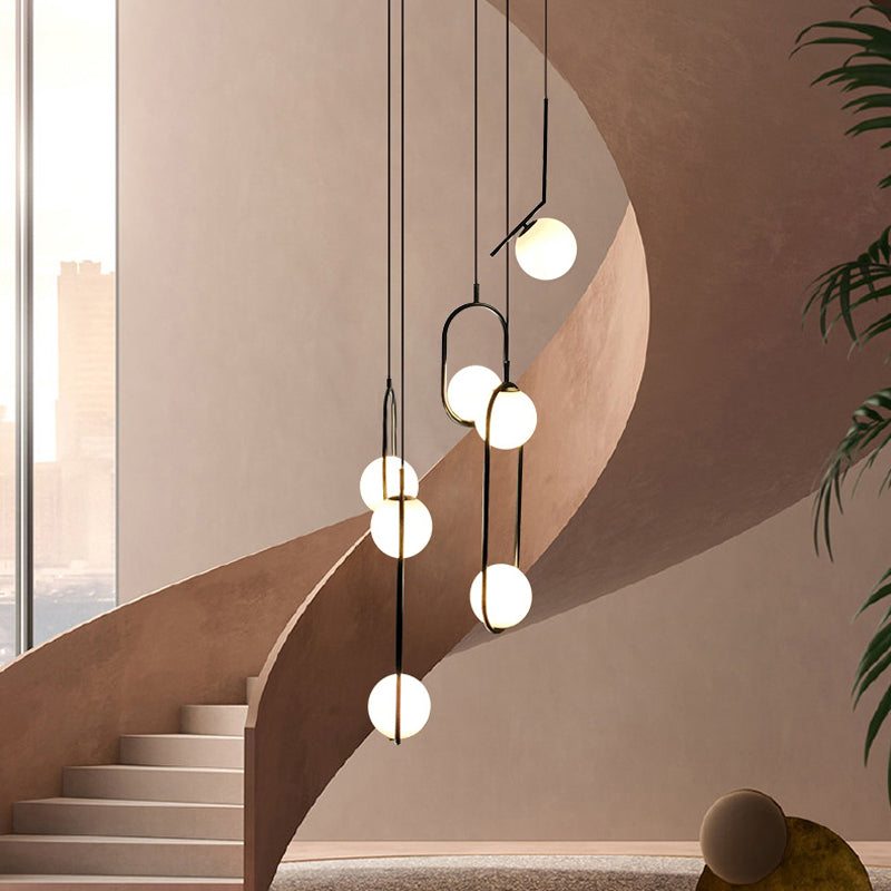 Multi-Globe Glass Pendant Chandelier – Modern Stairwell Lighting Fixture, Black Metal Frame, 5-6 Lights for Entryway Living Room Dining | Thomler