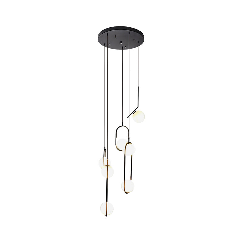 Multi-Globe Glass Pendant Chandelier – Modern Stairwell Lighting Fixture, Black Metal Frame, 5-6 Lights for Entryway Living Room Dining | Thomler