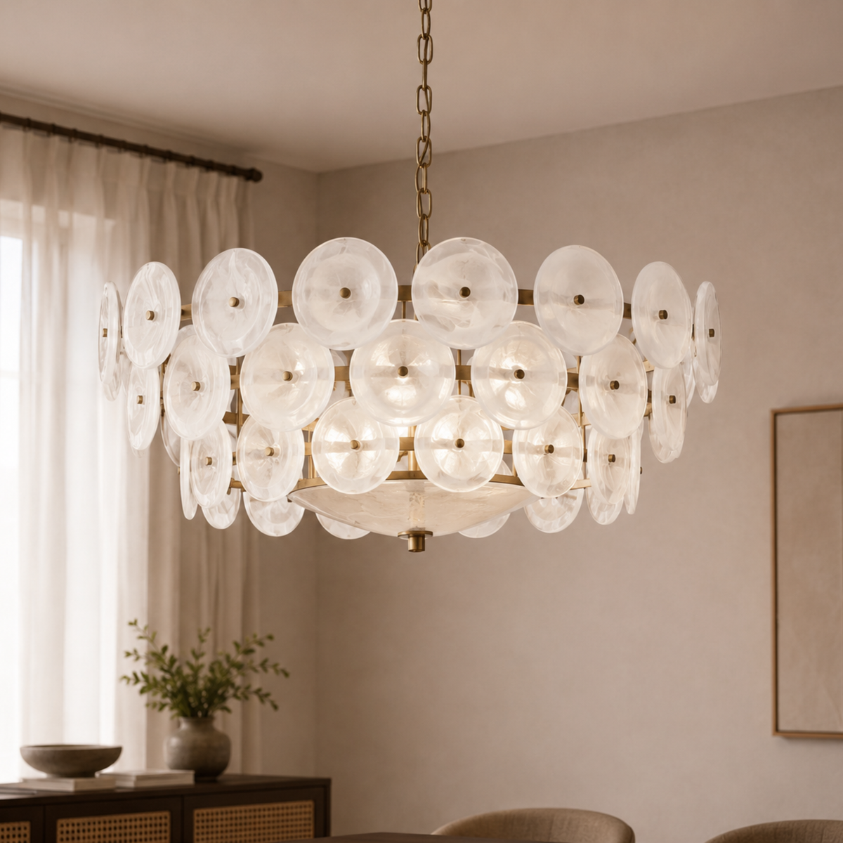 Ring Pendant Chandelier with Layered Glass Discs for Dining Room & Living Room – Adjustable Height Fixture | Thomler