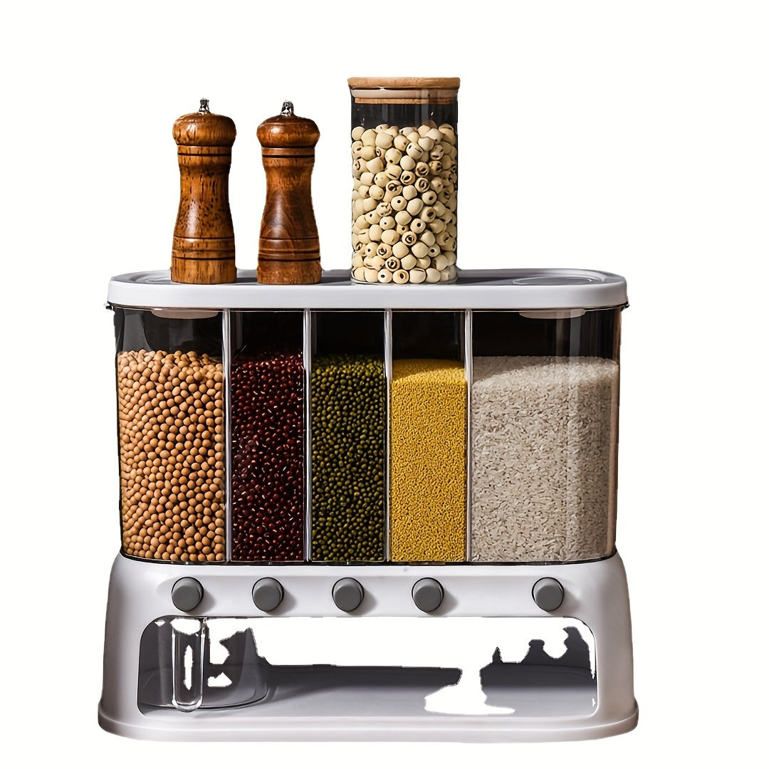 5-Section Dry Food Dispenser with Press Buttons & Sealed Flip Lid for Rice Pasta Beans Cereal Snacks Kitchen Pantry Counter Cabinet | Thomler