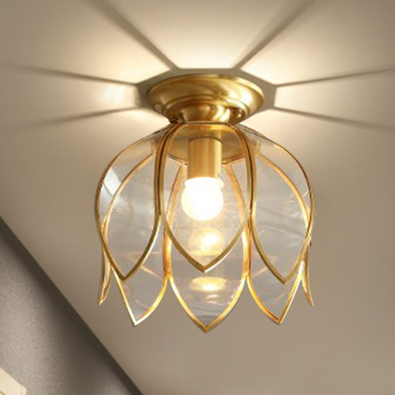 Flush Mount Ceiling Light with Clear Glass Shade in Antique Brass Finish – Single-Bulb Colonial Style for Hallways, Entryways & Bedrooms | Thomler