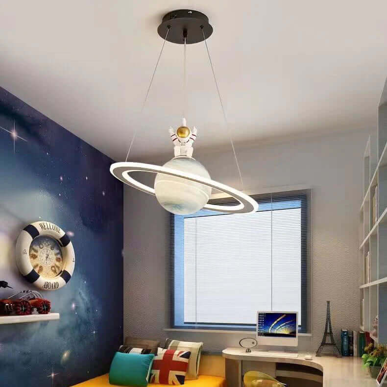 Space Planet LED Pendant Light for Kids Room – Glowing Saturn & Earth Ceiling Lamp with Astronaut Option | Thomler