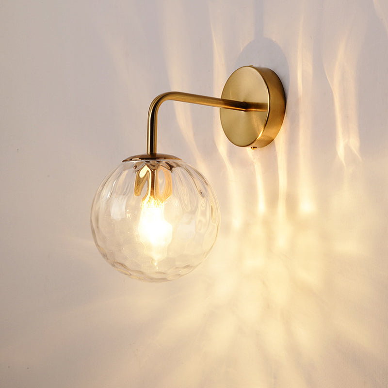 Contemporary Textured Globe Wall Light with Brass Arm | Single-Bulb Sconce for Bedroom, Hallway & Living Room | Hardwired Electric Fixture | Thomler