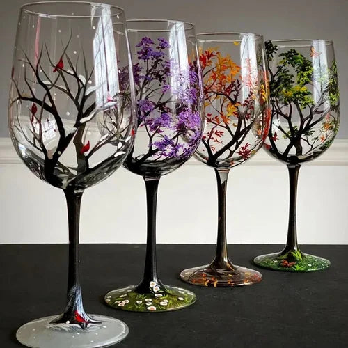 Hand-Painted Seasonal Tree Wine Glasses – Artisan Stemware with Four Seasons Design for Home & Gift | Thomler