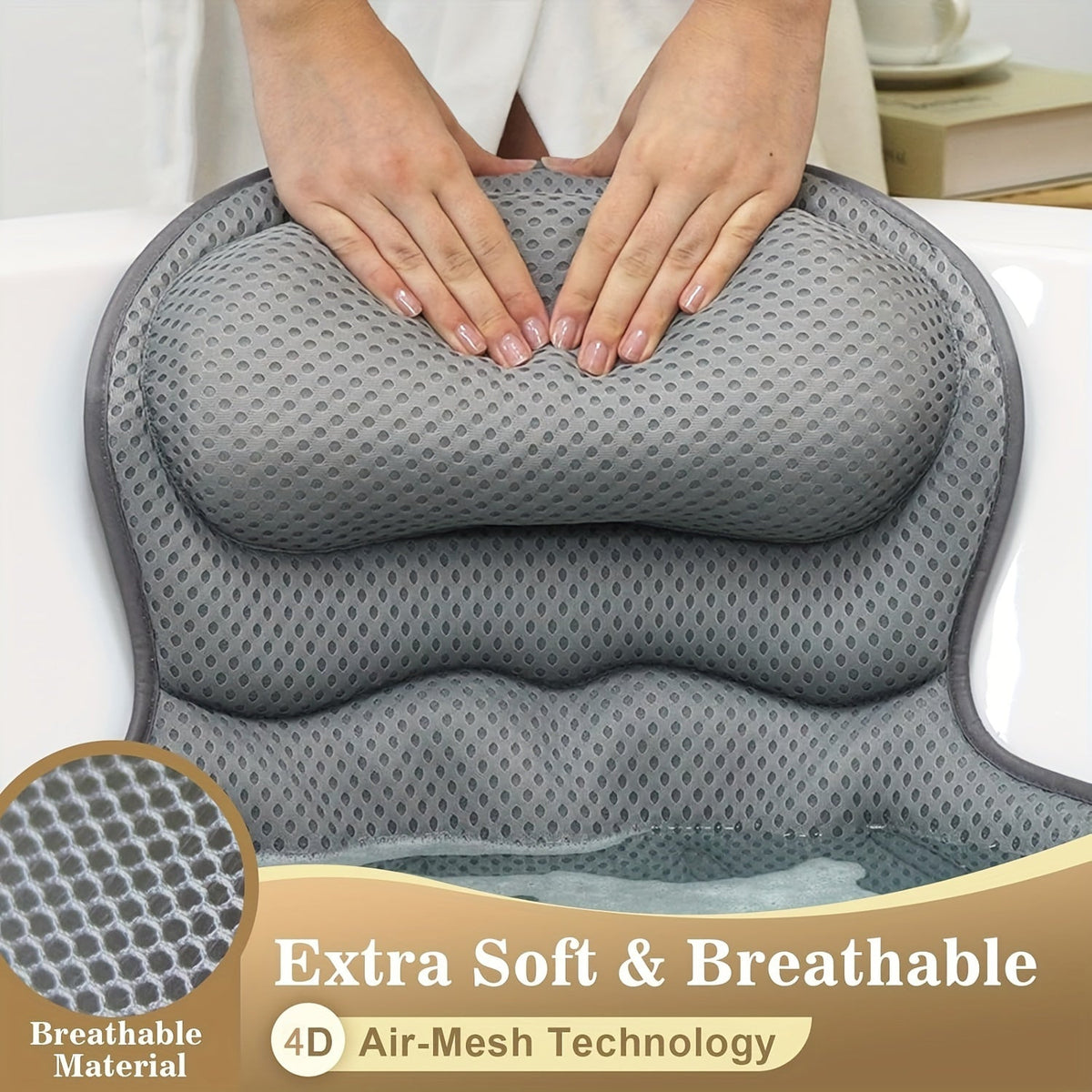 Spa Bath Pillow with Neck and Back Support – 4D Air Mesh Cushion with Suction Cups for Bathtub Relaxation | Thomler
