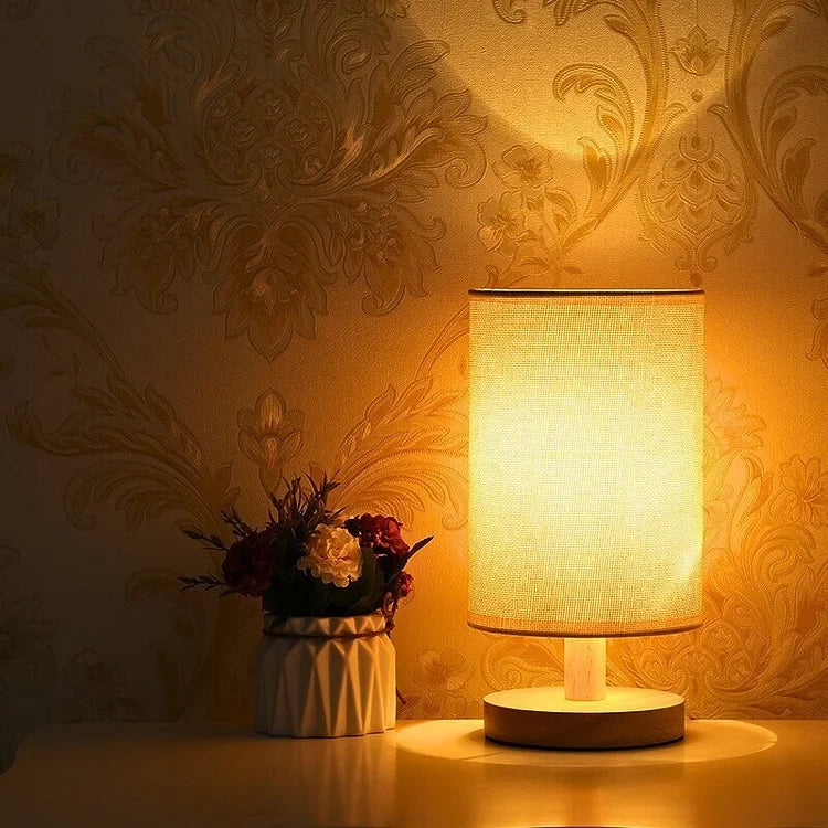Natural Wood & Linen Table Lamp with Remote Control – Dimmable LED Touch Lamp for Bedroom, Nightstand, Desk – Minimalist Scandinavian | Thomler
