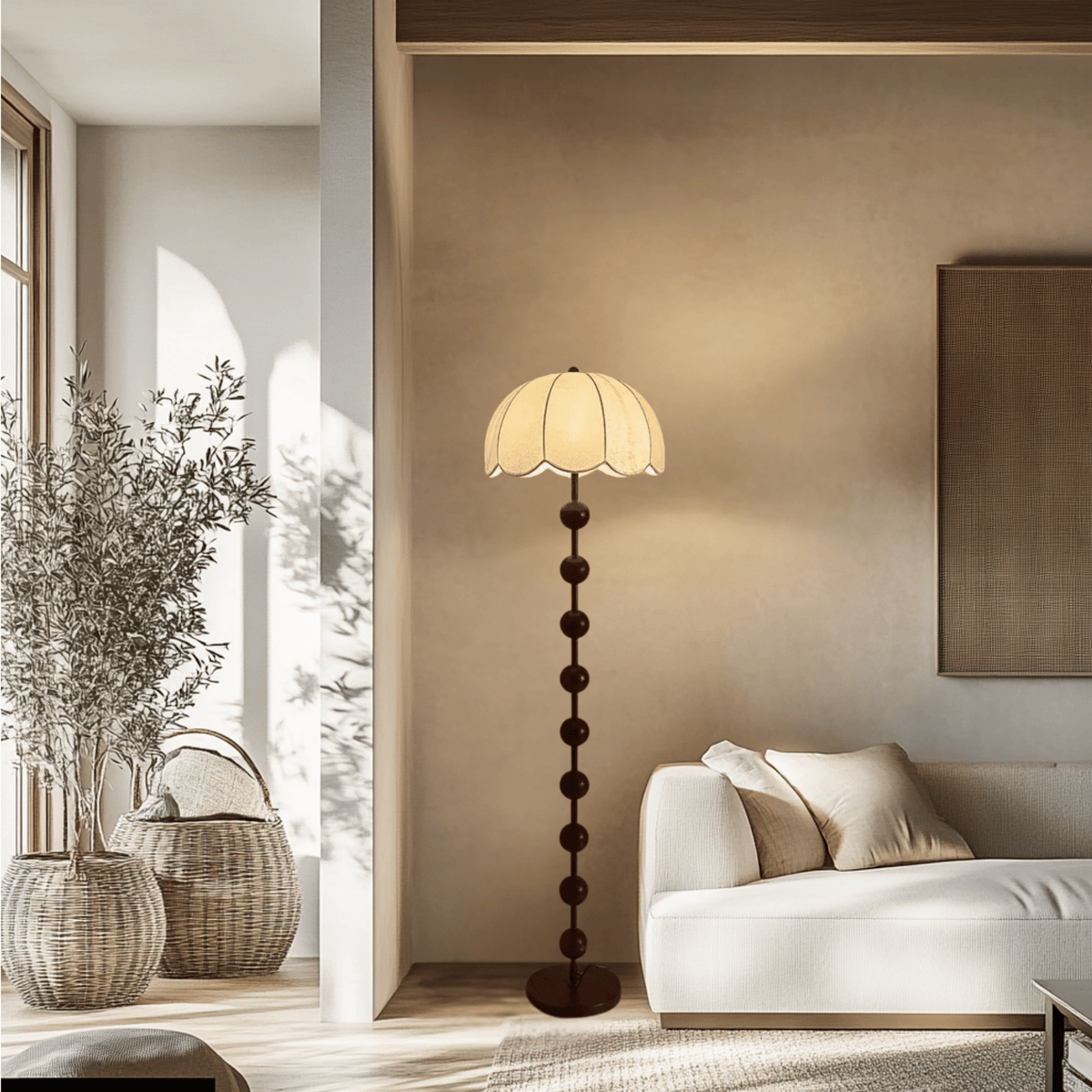Curved Dome Standing Light with Wood-Grain Base for Living Room & Bedroom | Thomler