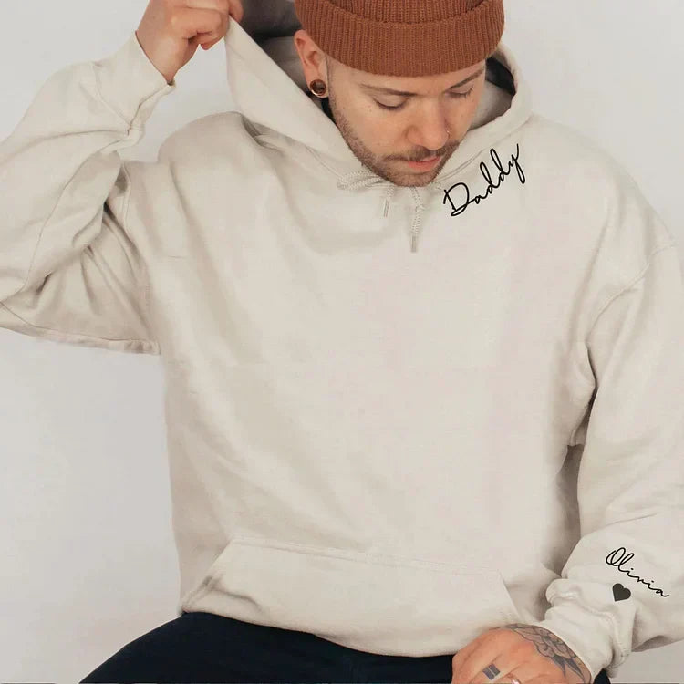 Personalized Parent Hoodie with Custom Kids Names on Sleeves for Mom or Dad | Embrace Family Sweatshirt Gift | Cozy Cotton Blend Pullover | Thomler