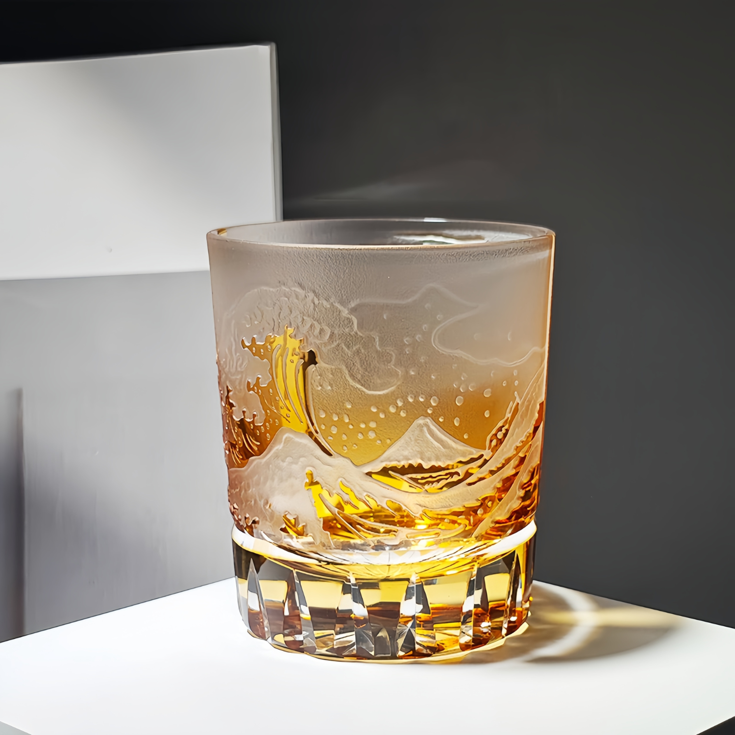 Japanese Wave Crystal Whisky Glass with Mt. Fuji Engraving in Golden or Blue Finish, Handcut Tumbler in Wooden Gift Box for Spirits and Bour | Thomler