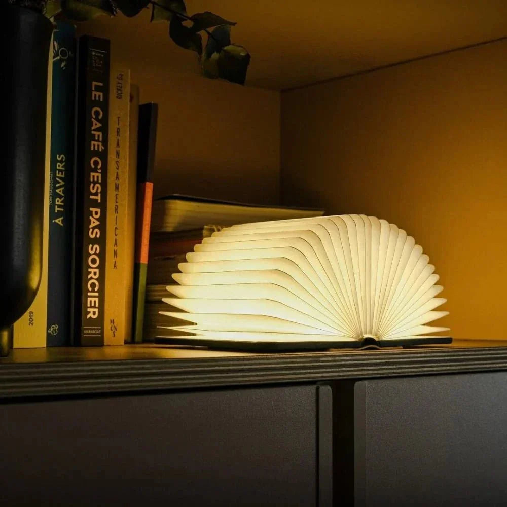 Rechargeable Book Lamp with 360° Foldable Design – USB Wood Finish LED Reading Light for Desk, Nightstand & Travel – 3 Brightness | Thomler