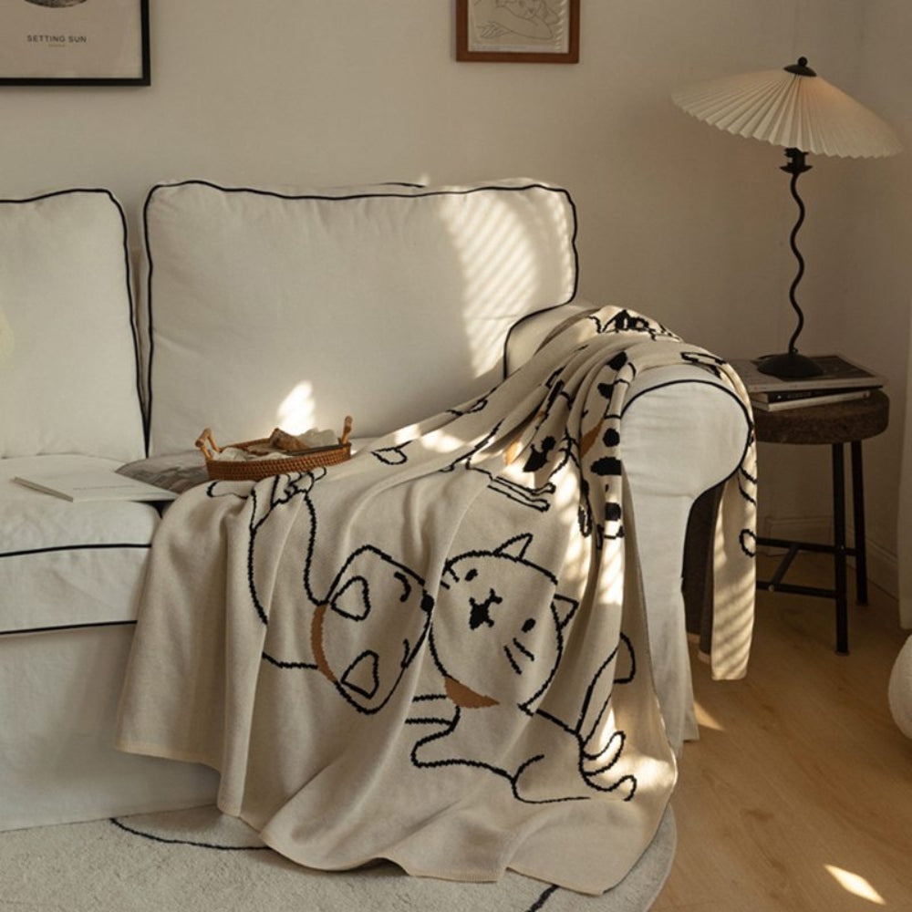 Cat Pattern Throw Blanket – 100% Cotton Weave – Breathable All-Season Bed & Sofa Cover | Thomler