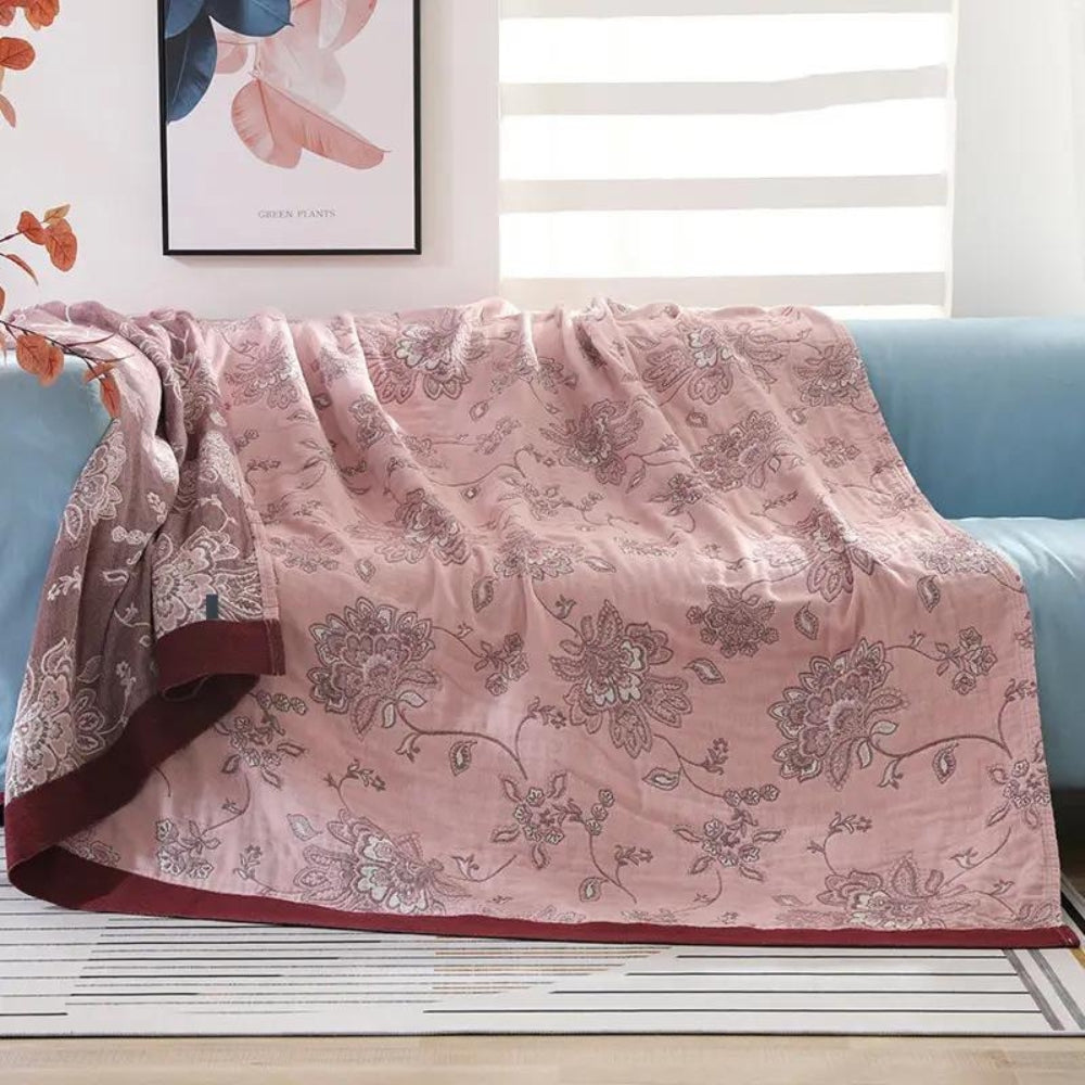 Lightweight Cotton Gauze Throw Blanket with Floral Design for Year-Round Comfort, Breathable Bedding for Bedroom, Sofa, or Guest Room | Thomler