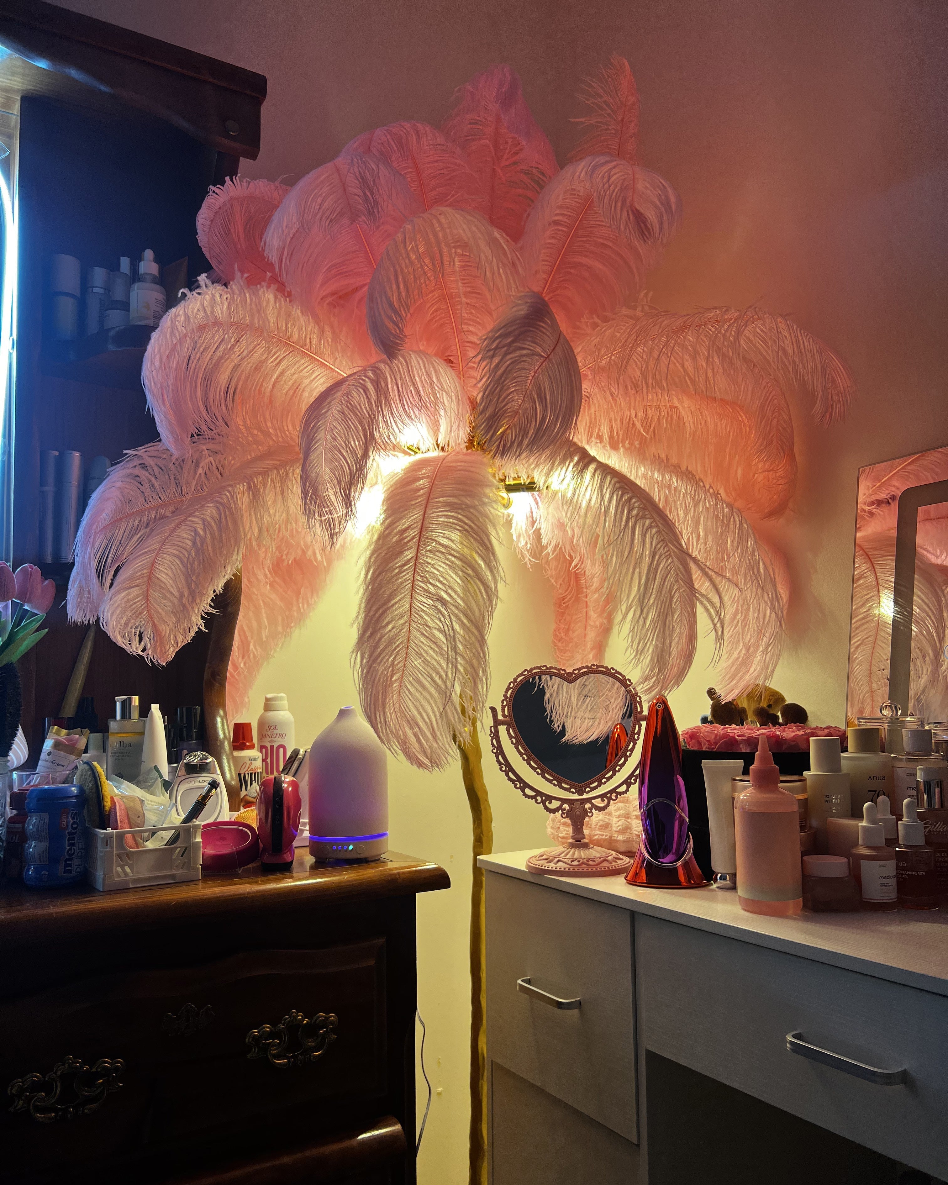 Floor Lamp Feather Shade 160.0 cm White Living Room Bedroom Palm Tree Standing Light Tropical Ambient Lighting | Thomler