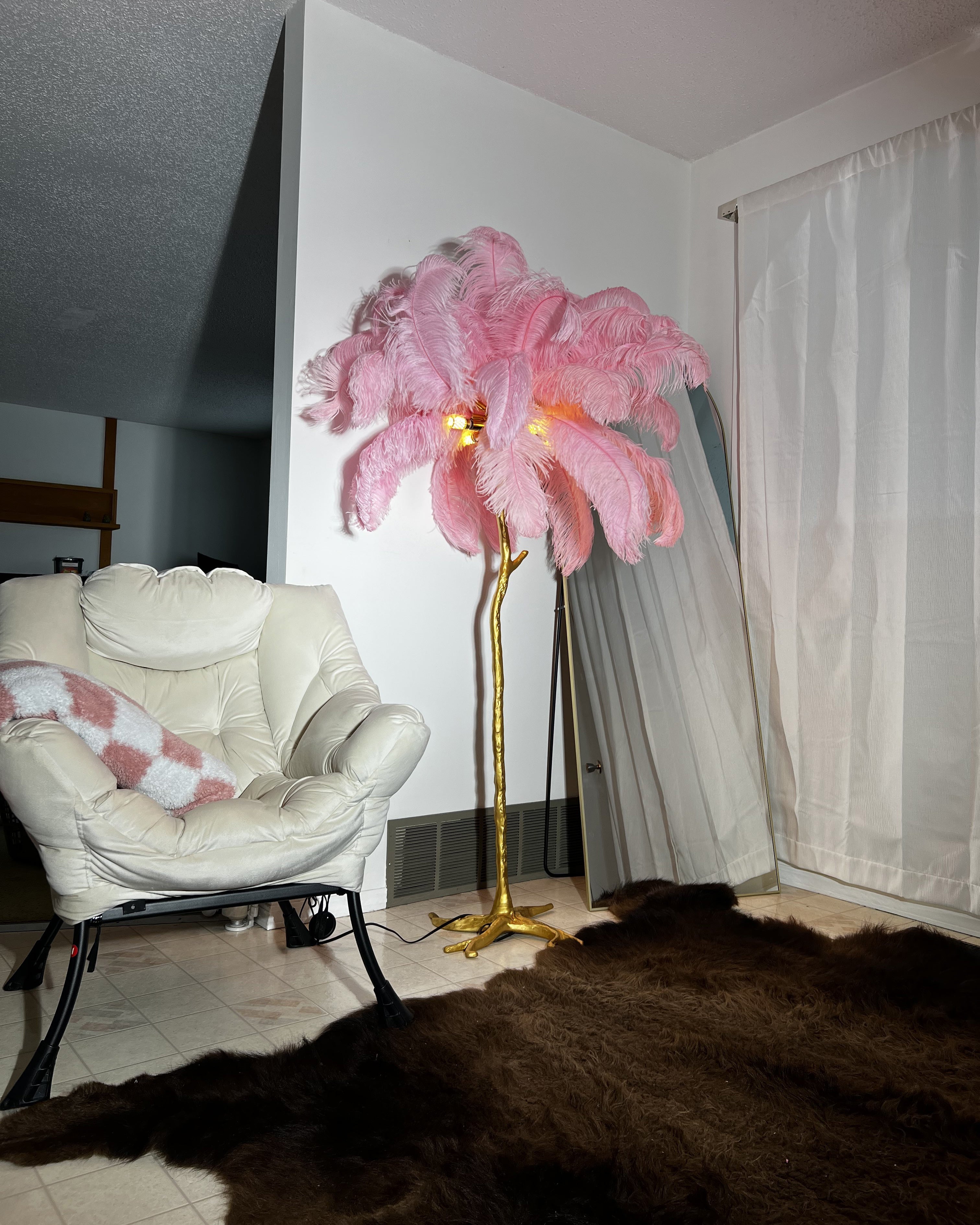 Floor Lamp Feather Shade 160.0 cm White Living Room Bedroom Palm Tree Standing Light Tropical Ambient Lighting | Thomler