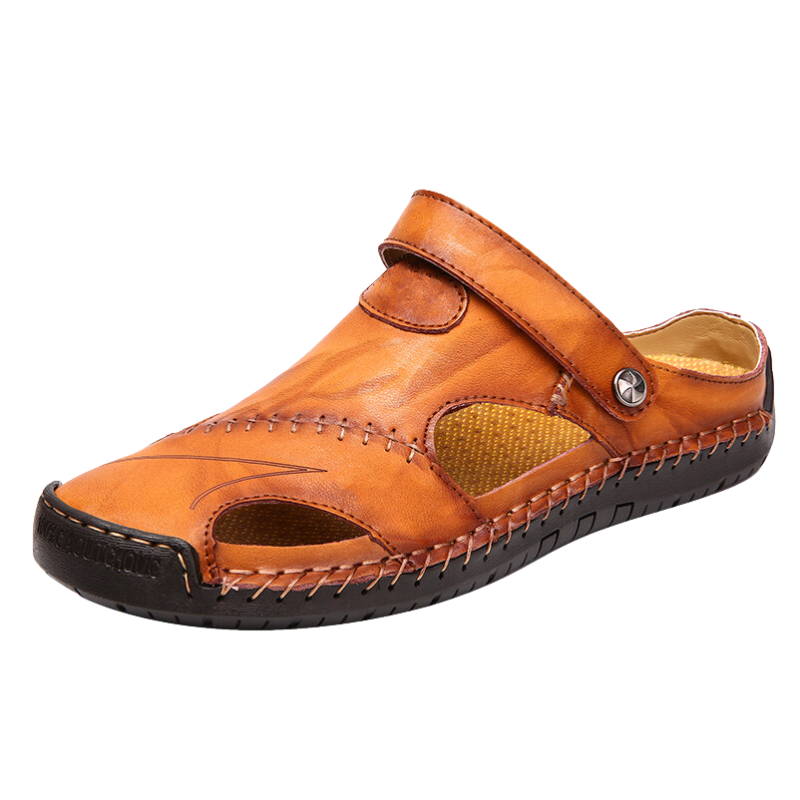 Men's Leather Slide Sandals – Closed Toe Slip-On with Orthopedic Support & Non-Slip Sole for Summer, Casual Wear, Travel & Vacation | Thomler