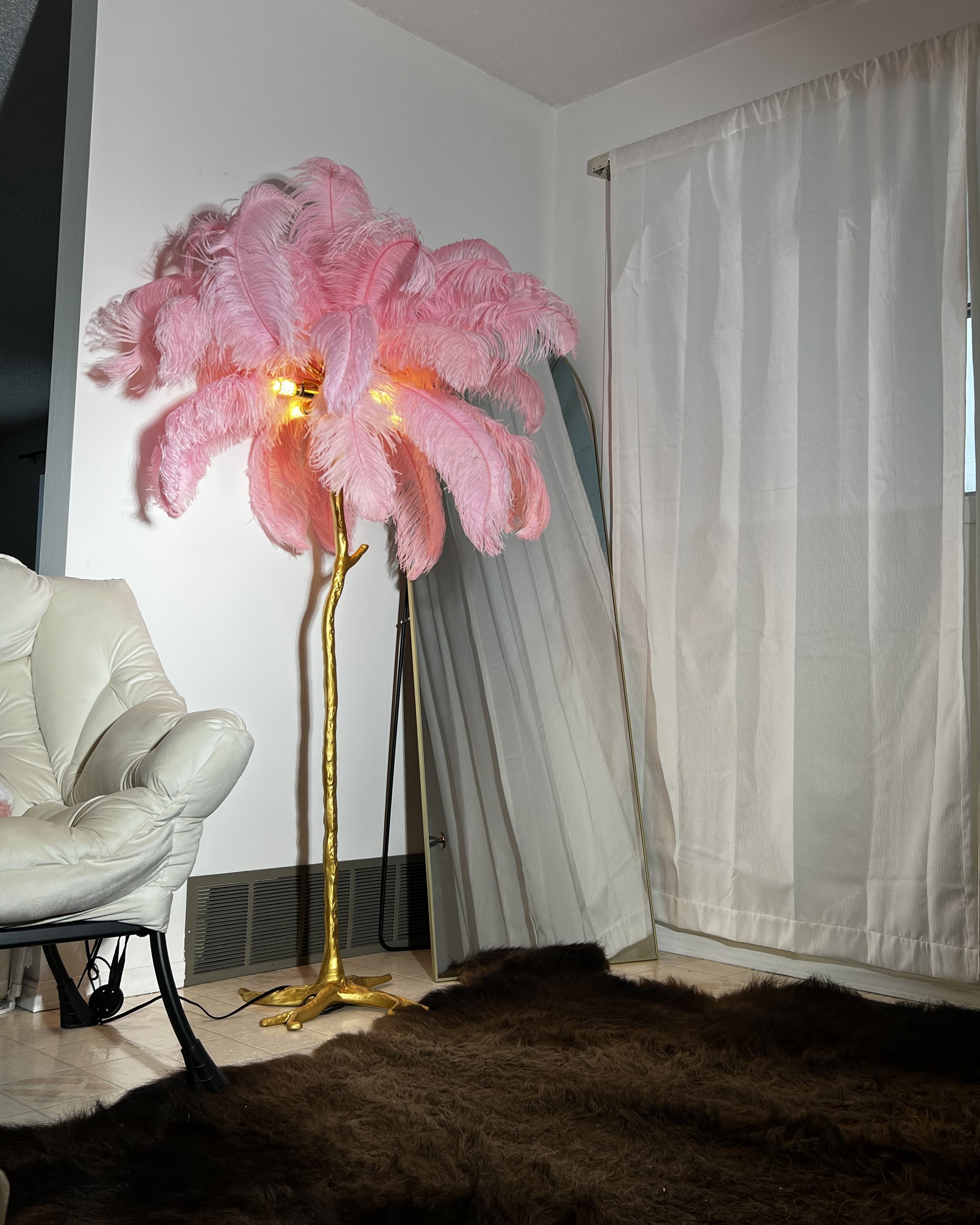Floor Lamp Feather Shade 160.0 cm White Living Room Bedroom Palm Tree Standing Light Tropical Ambient Lighting | Thomler