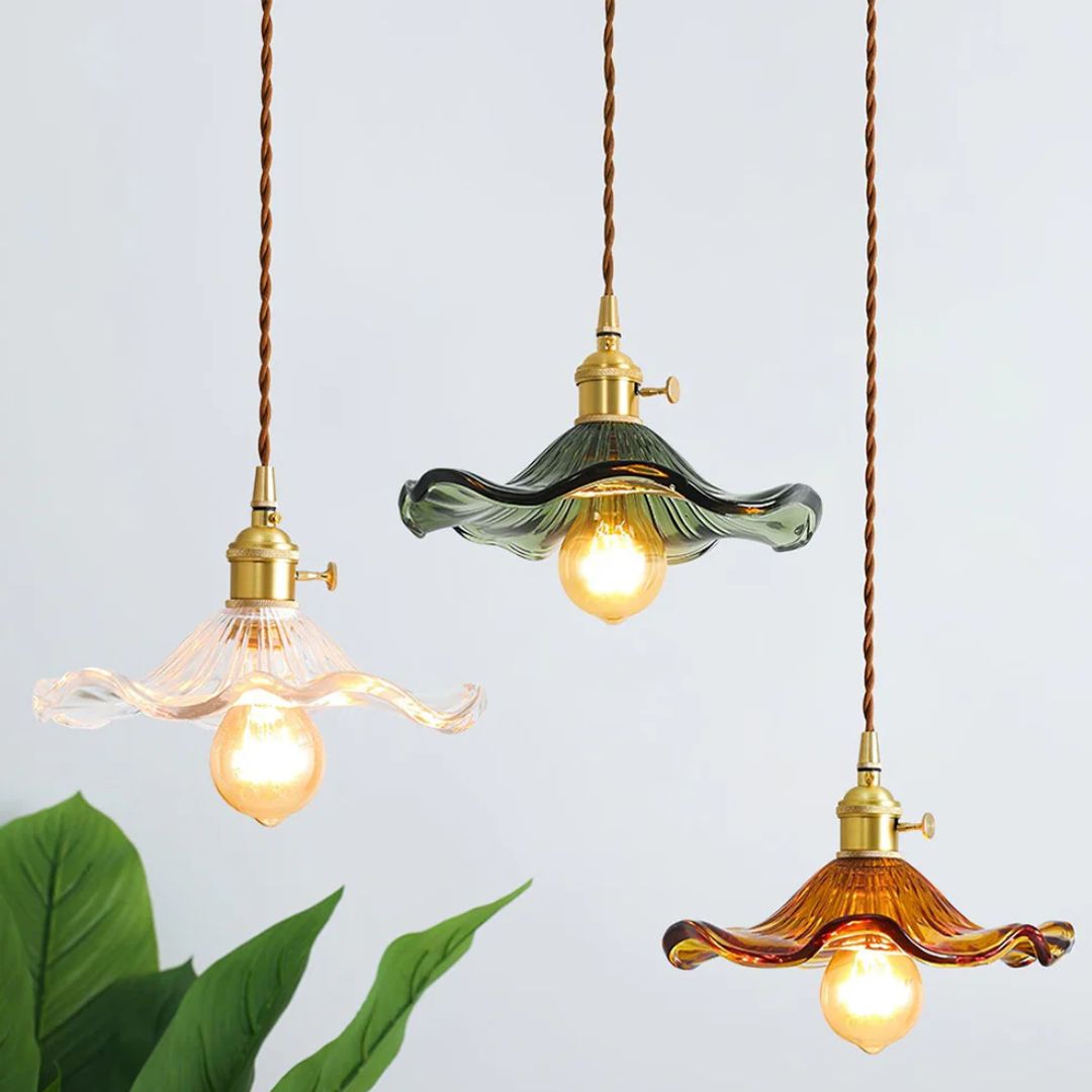 Pendant Light Glass Brass Flower Shade 23.0 cm Green Dining Room Bedroom Hanging Ceiling Lamp Retro Vintage Decorative | Thomler