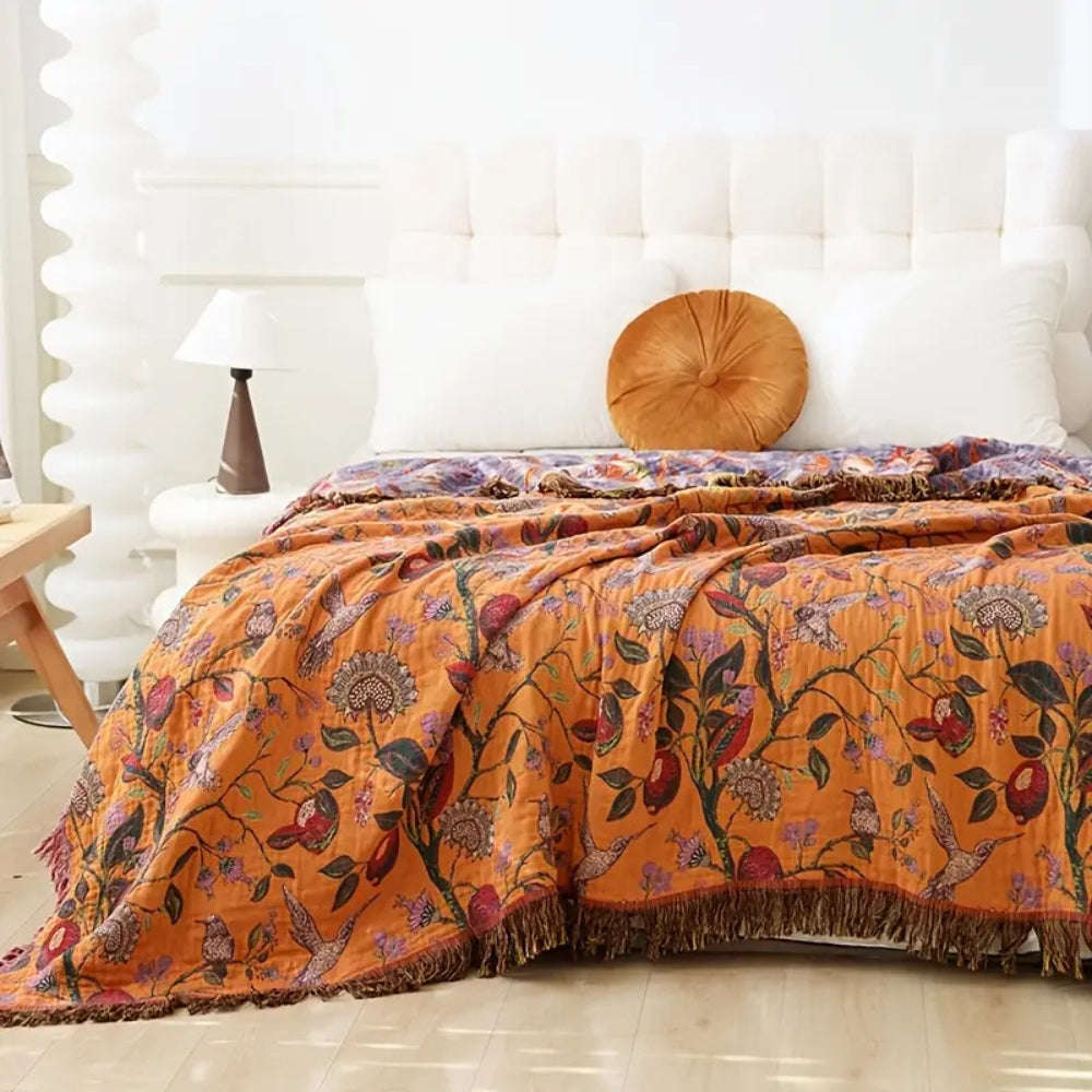 Reversible Cotton Throw Blanket with Floral Jacquard Weave & Tassel Trim for Sofa, Bed, Couch | All-Season Lightweight Decorative Blanket | Thomler